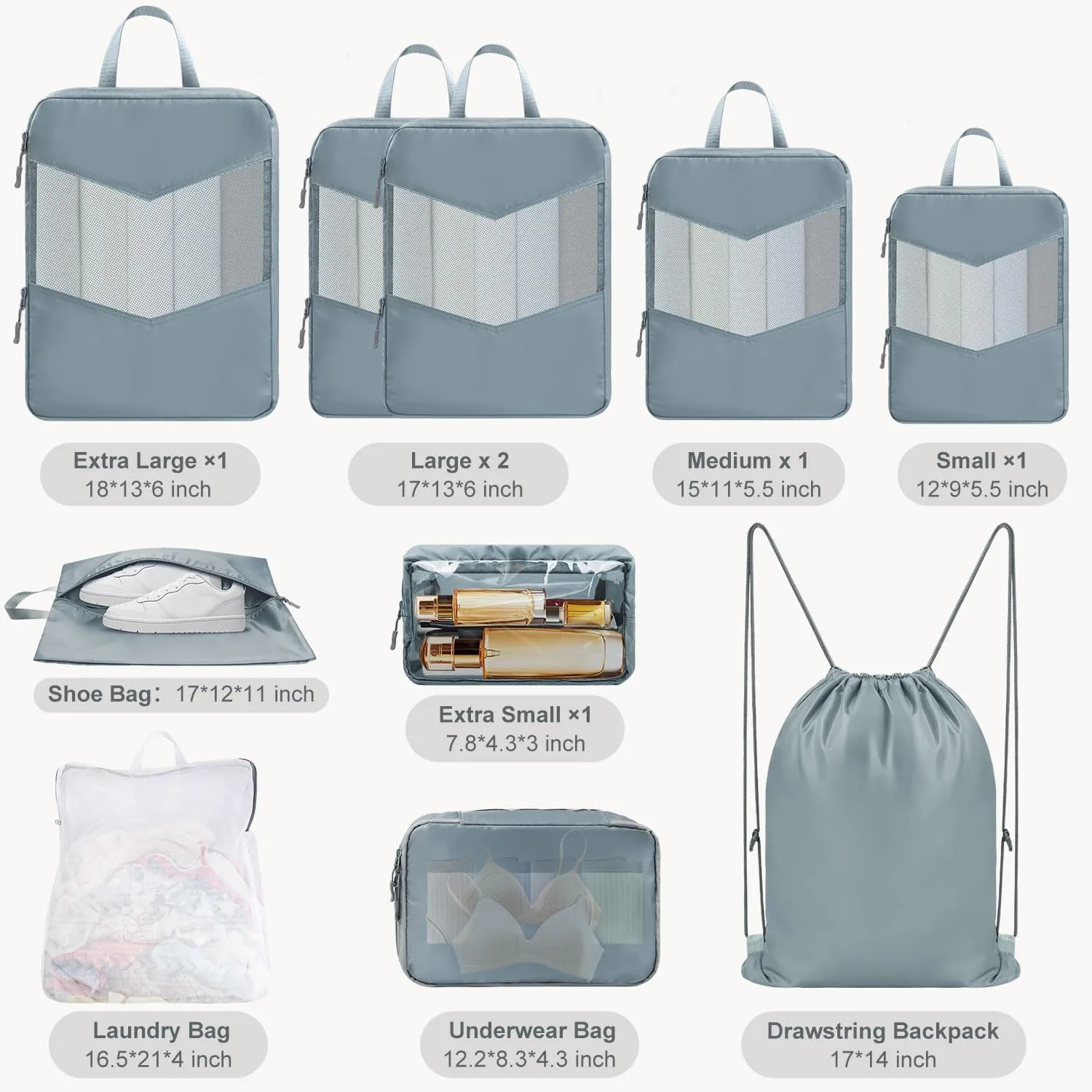10 Set Compression Packing Cubes for Travel, Suitcase Organizer Bags Set for Travel Accessories, Lightweight Travel Essentials, Grey