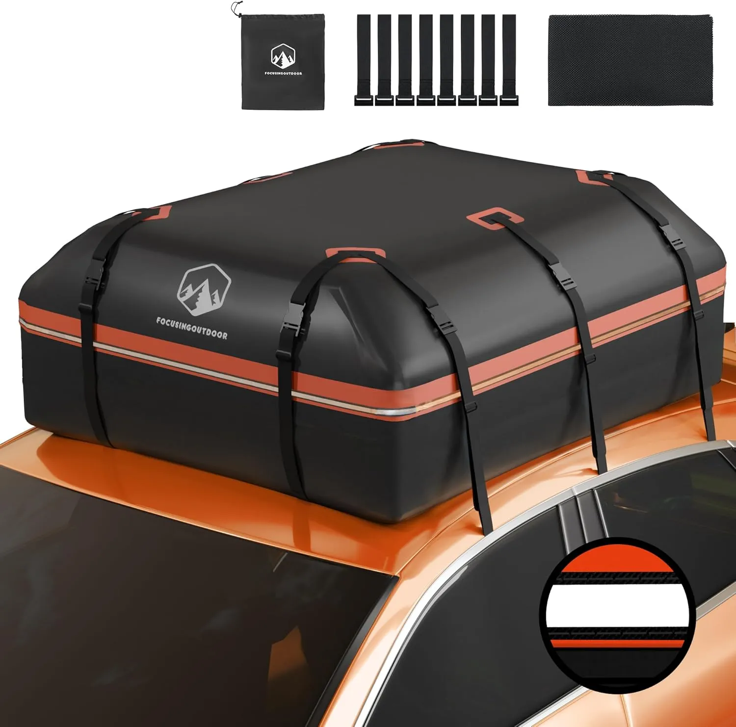 1000D Rooftop Cargo Carrier, PVC Waterproof Roof Cargo Bag with Anti-Slip Mat 8 Door Hooks Storage Bag, 21 Cubic Feet Car Roof Bag for All Vehicle with or Without Rack Orange