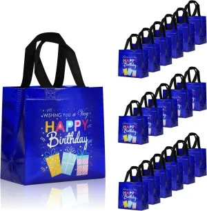 18 Pcs Blue Small Happy Birthday Gift Bags Bulk- with Funny Gift Design, Glossy Reusable Goodie Bags for Baby, Girls, Boys, Birthday Party- 8 x 3.9 x 8 In