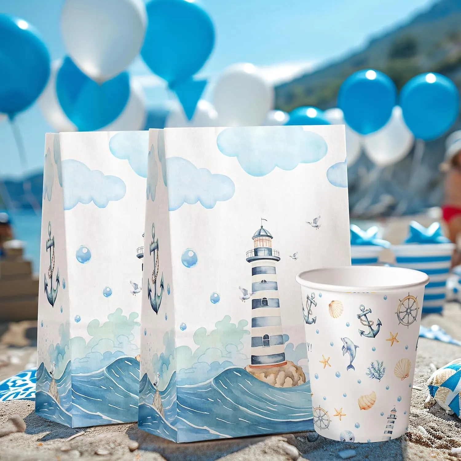 24-Pack Nautical Goodie Bags with Stickers - Ideal for Kids' Birthdays, Baby Showers, and Nautical Themed Parties