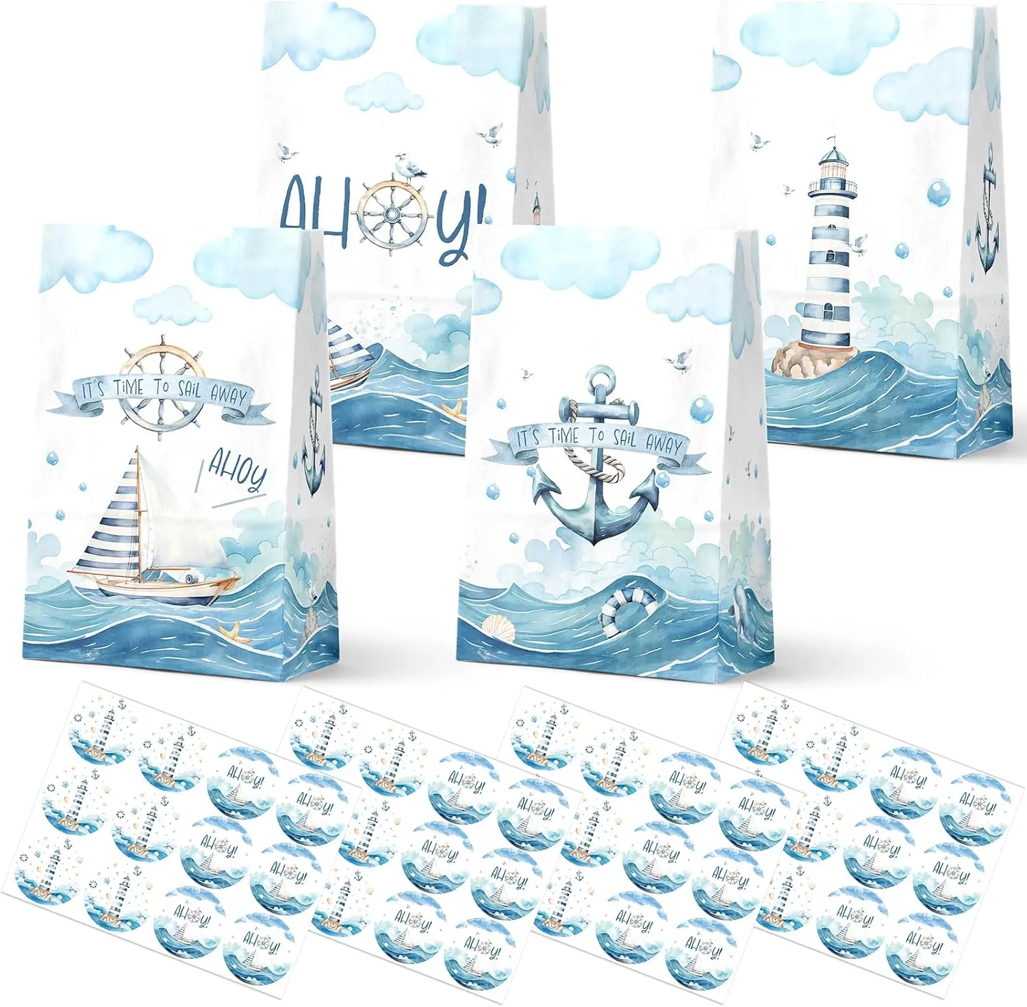 24-Pack Nautical Goodie Bags with Stickers - Ideal for Kids' Birthdays, Baby Showers, and Nautical Themed Parties