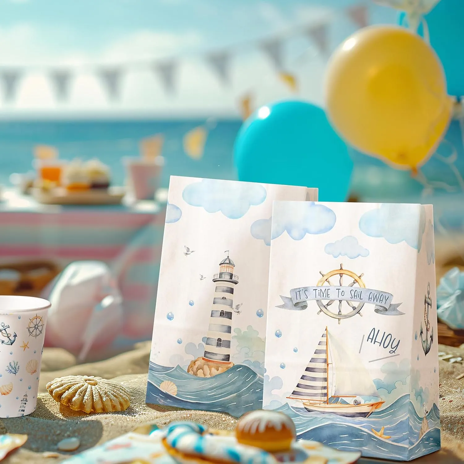 24-Pack Nautical Goodie Bags with Stickers - Ideal for Kids' Birthdays, Baby Showers, and Nautical Themed Parties