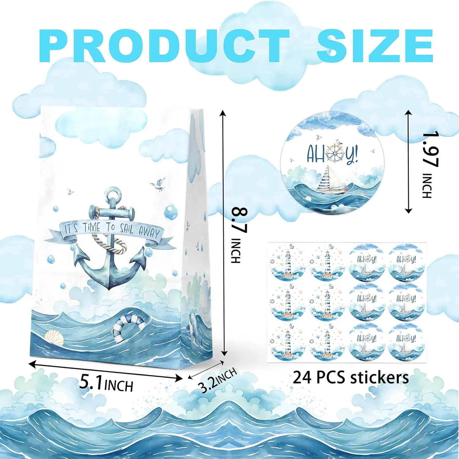 24-Pack Nautical Goodie Bags with Stickers - Ideal for Kids' Birthdays, Baby Showers, and Nautical Themed Parties