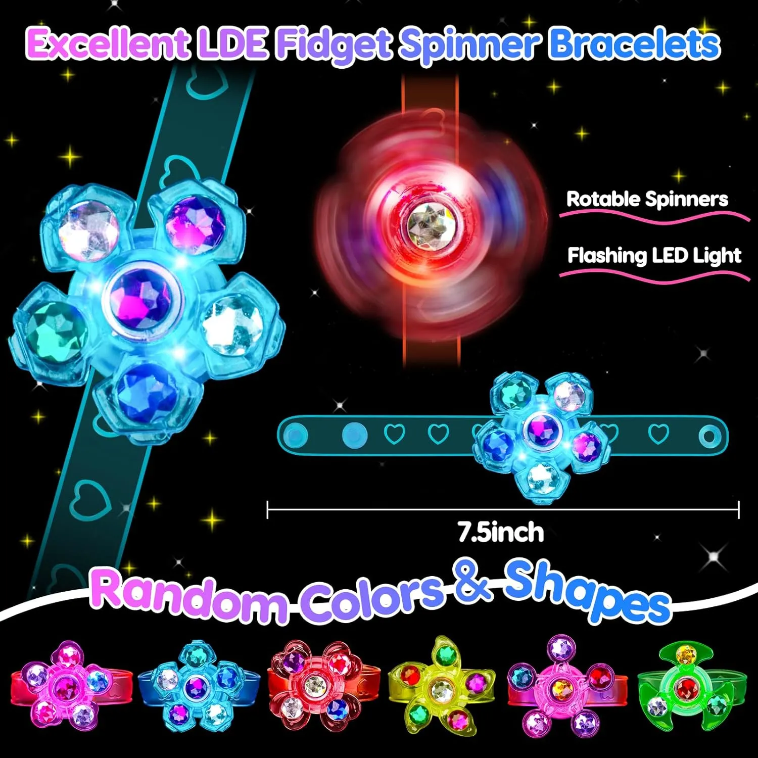 24PCS LED Light Up Fidget Spinner Bracelets Glow Party Favors Bulk for Kids 4-8 8-12 Summer Goodie Treat Bag Stuffers Treasure Box Toys Carnival Prizes Birthday Return Gifts for Boys Girls