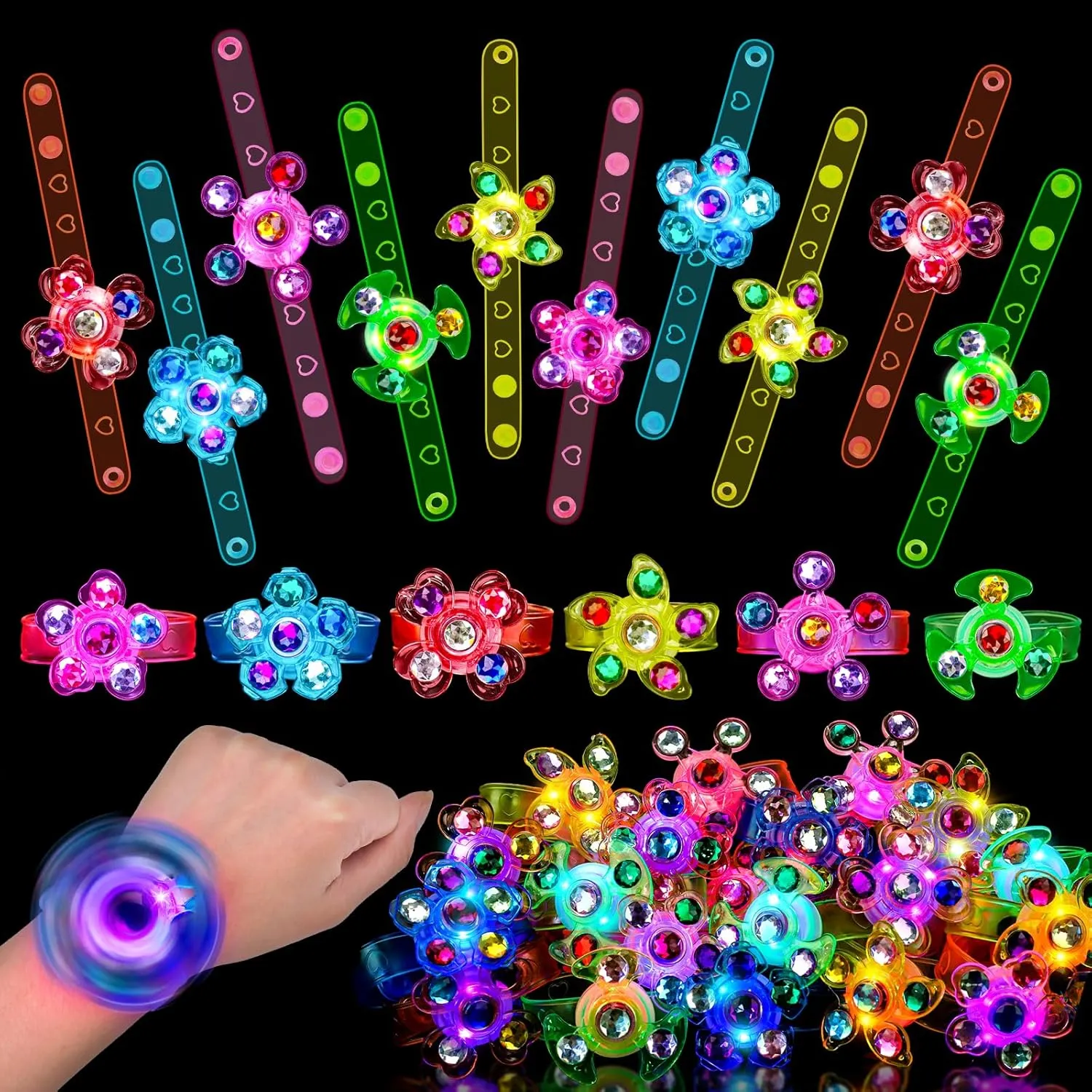 24PCS LED Light Up Fidget Spinner Bracelets Glow Party Favors Bulk for Kids 4-8 8-12 Summer Goodie Treat Bag Stuffers Treasure Box Toys Carnival Prizes Birthday Return Gifts for Boys Girls