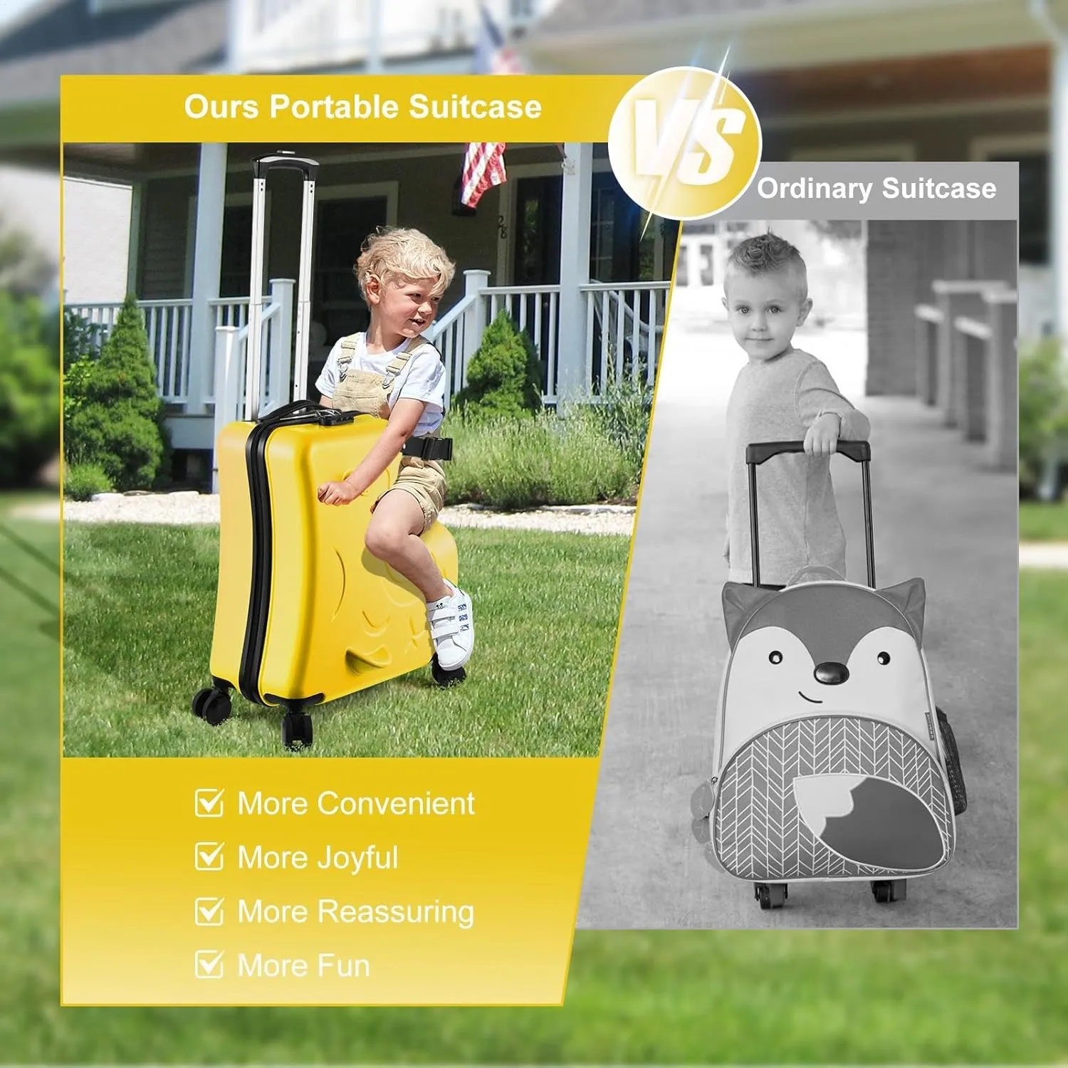24" Ride Suitcase for Kids Aged 6-12, Carry Kids Luggage with Silent Wheels, Safety Belt, Combination Lock, Handlebars and Pedals, Equipped With Duffel Bag for Carry Luggage (yellow)