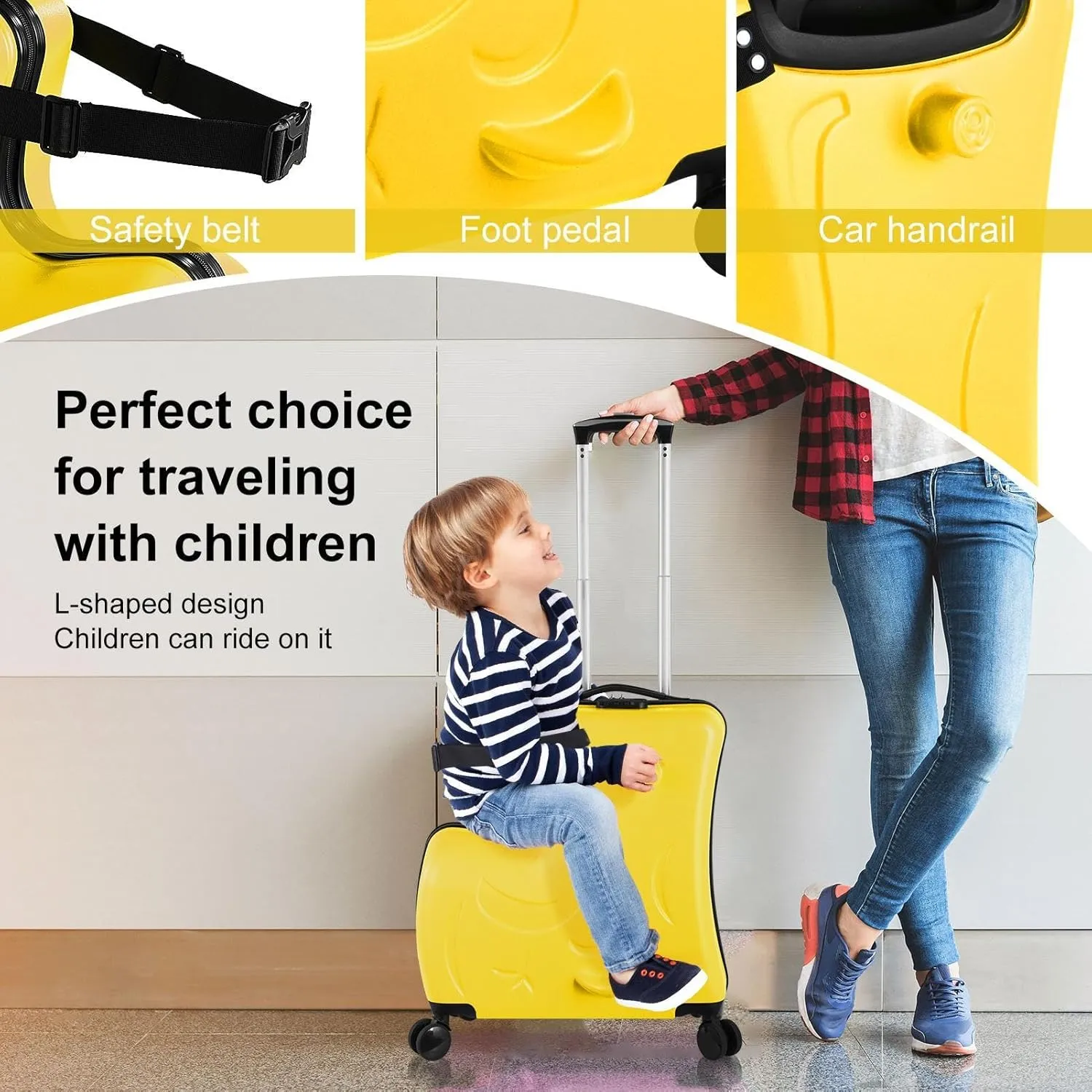24" Ride Suitcase for Kids Aged 6-12, Carry Kids Luggage with Silent Wheels, Safety Belt, Combination Lock, Handlebars and Pedals, Equipped With Duffel Bag for Carry Luggage (yellow)