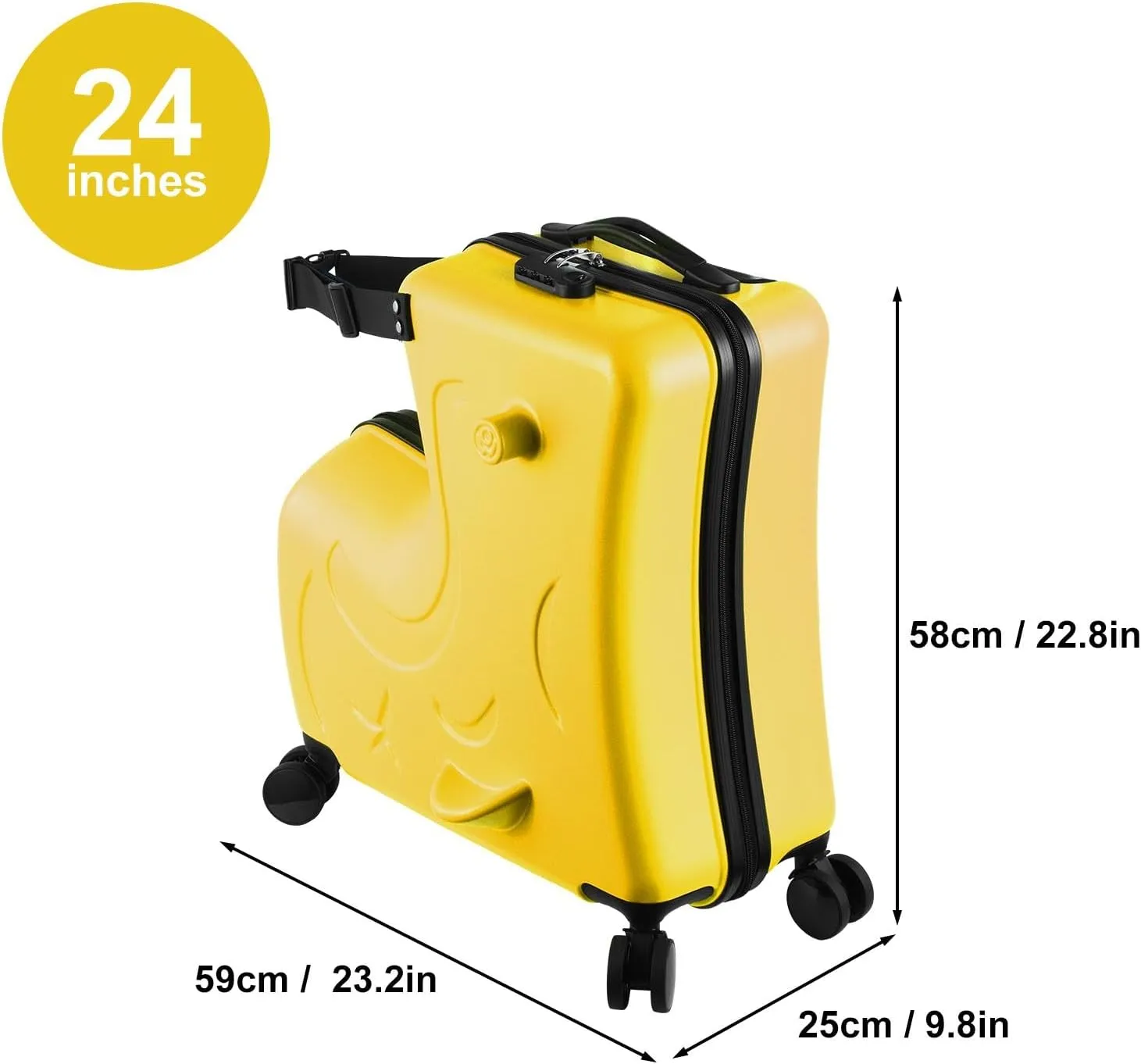 24" Ride Suitcase for Kids Aged 6-12, Carry Kids Luggage with Silent Wheels, Safety Belt, Combination Lock, Handlebars and Pedals, Equipped With Duffel Bag for Carry Luggage (yellow)