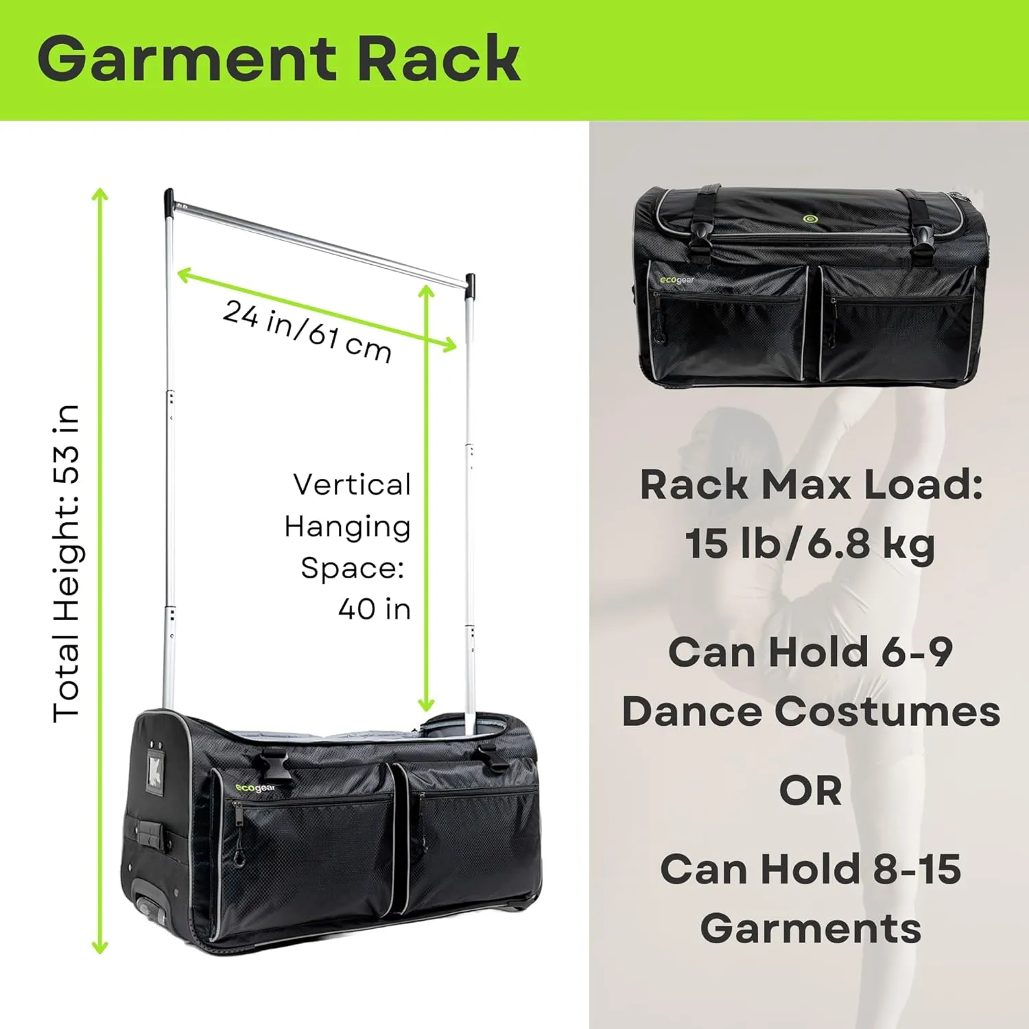 28 Inch Wheeled Duffel with Garment Rack, Black, One Size