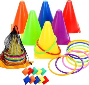 3 in 1 Carnival Outdoor Games Combo Set, Soft Plastic Cones Cornhole Bean Bags Ring Toss Games,for Kids Adults Indoor Outdoor Birthday Party Lawn Games Supplies (26 Pieces