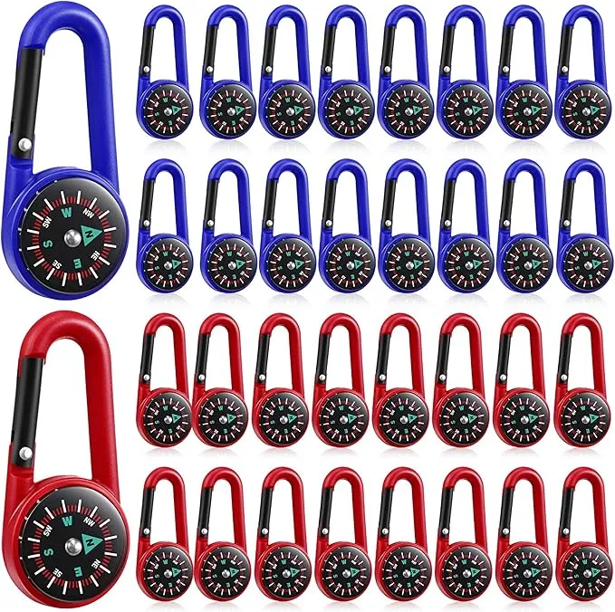 32 Pcs Compass Keychain for Kids Adventure Camping Small Keychain Belt Clips with Holes Compass Metal Buckle Keychain Outdoor Camping Party Favors