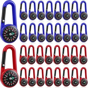 32 Pcs Compass Keychain for Kids Adventure Camping Small Keychain Belt Clips with Holes Compass Metal Buckle Keychain Outdoor Camping Party Favors