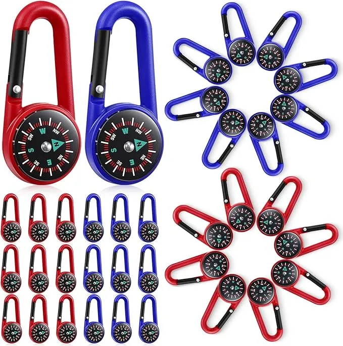 32 Pcs Compass Keychain for Kids Adventure Camping Small Keychain Belt Clips with Holes Compass Metal Buckle Keychain Outdoor Camping Party Favors