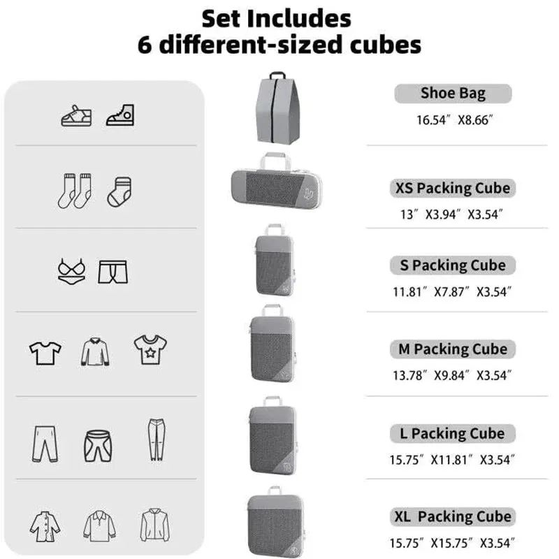 3/6PCS Compressed Packing Cubes Travel Storage Set With Shoe Bag Mesh Visual Luggage Organizer Portable Lightweight Suitcase Bag