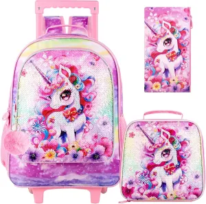 3PCS Unicorn Rolling Backpack for Girls, Kids Sequins School Backpacks with Wheels, Water Resistant Roller Wheeled Bookbag Set with Lunch Box