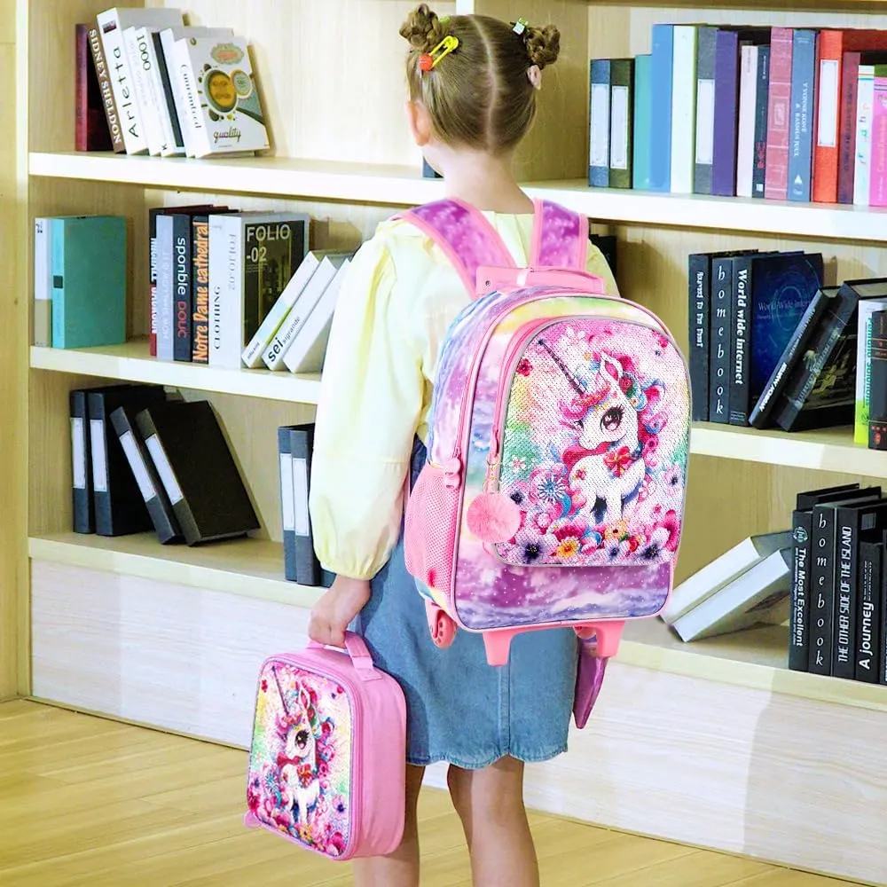 3PCS Unicorn Rolling Backpack for Girls, Kids Sequins School Backpacks with Wheels, Water Resistant Roller Wheeled Bookbag Set with Lunch Box