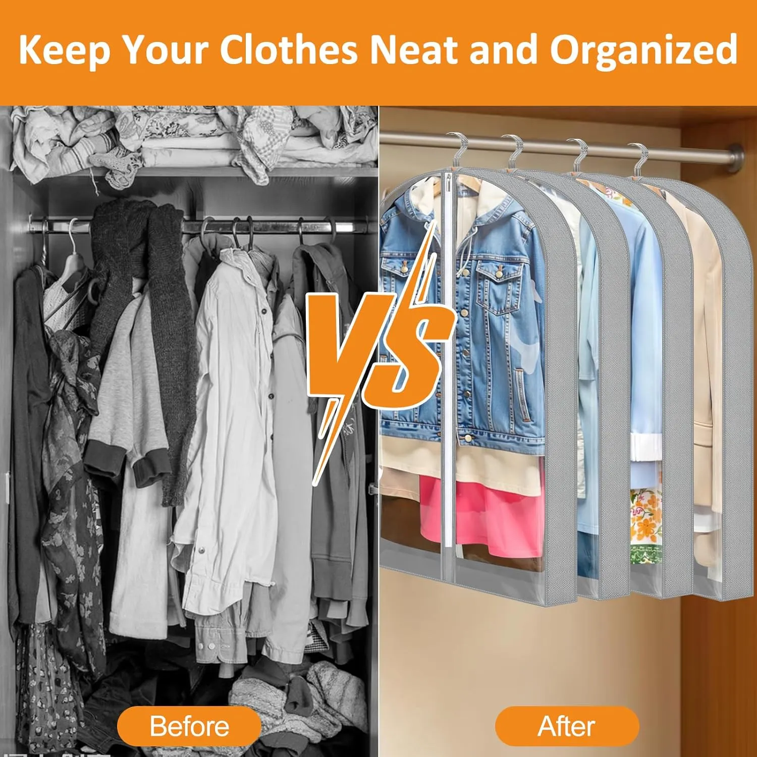 4 Pack Garment Bags, 40" Clothes Covers with 4'' Gusseted, Transparent Clothes Covers Protector Bags with Zip Suit Covers Garment Bags for Hanging Clothes