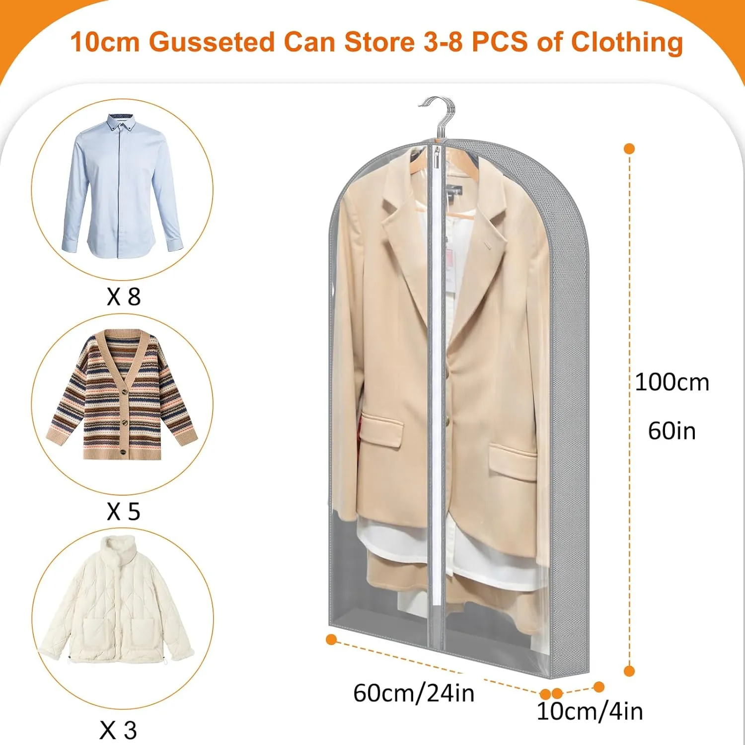 4 Pack Garment Bags, 40" Clothes Covers with 4'' Gusseted, Transparent Clothes Covers Protector Bags with Zip Suit Covers Garment Bags for Hanging Clothes