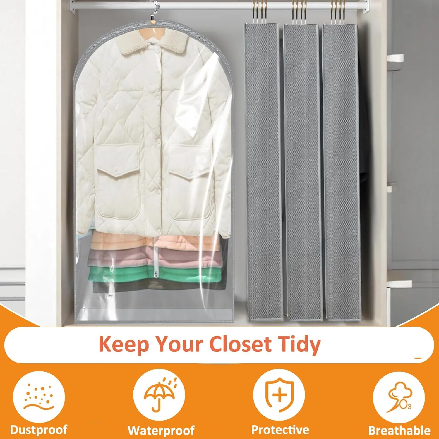 4 Pack Garment Bags, 40" Clothes Covers with 4'' Gusseted, Transparent Clothes Covers Protector Bags with Zip Suit Covers Garment Bags for Hanging Clothes
