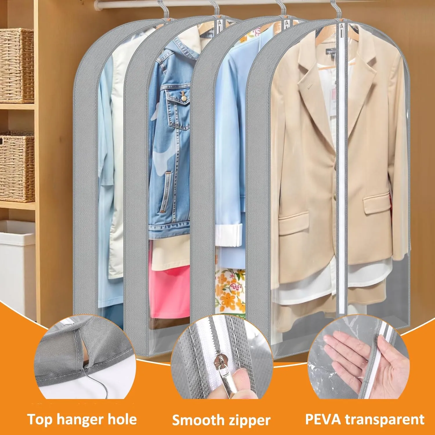4 Pack Garment Bags, 40" Clothes Covers with 4'' Gusseted, Transparent Clothes Covers Protector Bags with Zip Suit Covers Garment Bags for Hanging Clothes
