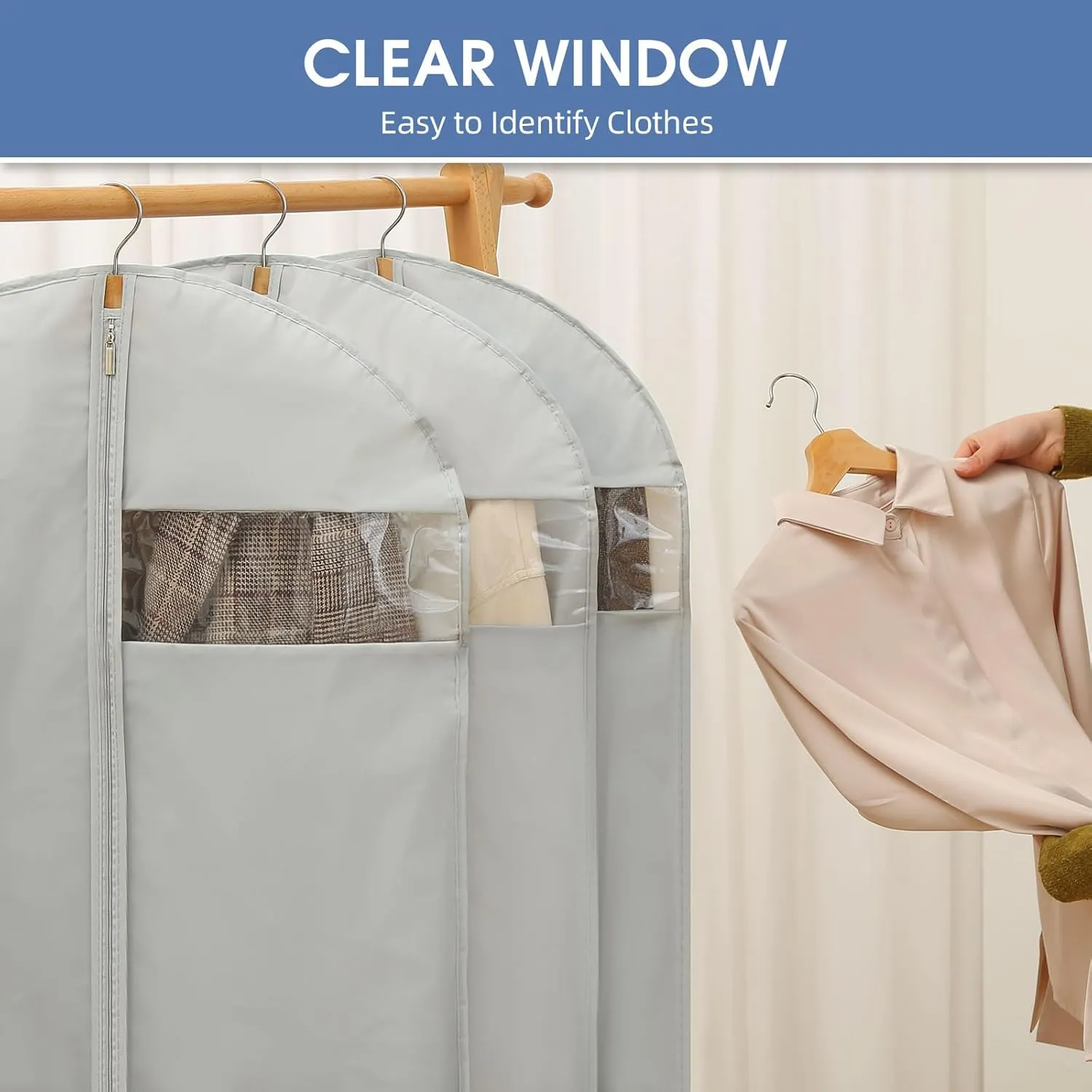 43" Garment Bags for Hanging Clothes, Suit Bags for Closet Storage and Travel, Grey Suit Cover Bags with Clear Window for Coats, Jackets, Shirts (2 Packs)
