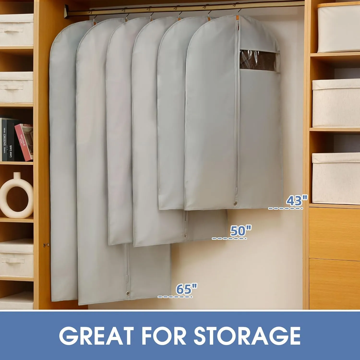 43" Garment Bags for Hanging Clothes, Suit Bags for Closet Storage and Travel, Grey Suit Cover Bags with Clear Window for Coats, Jackets, Shirts (2 Packs)
