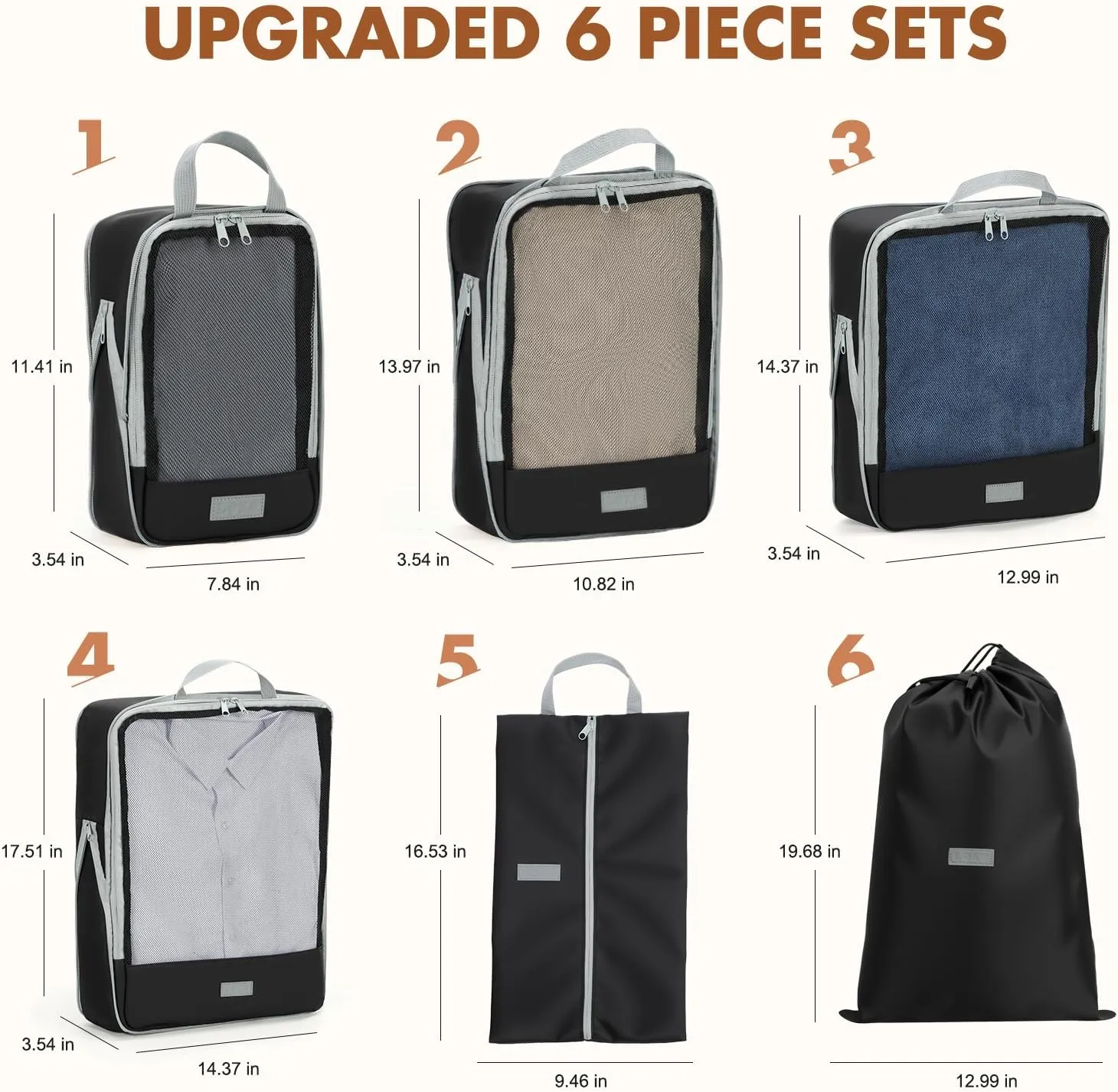 6 Set Compression Packing Cubes for Travel, Lightweight Expandable Organizer with Laundry and Shoe Bag, Luggage Suitcase Accessories, Travel Essentials for Cruise Trips Black