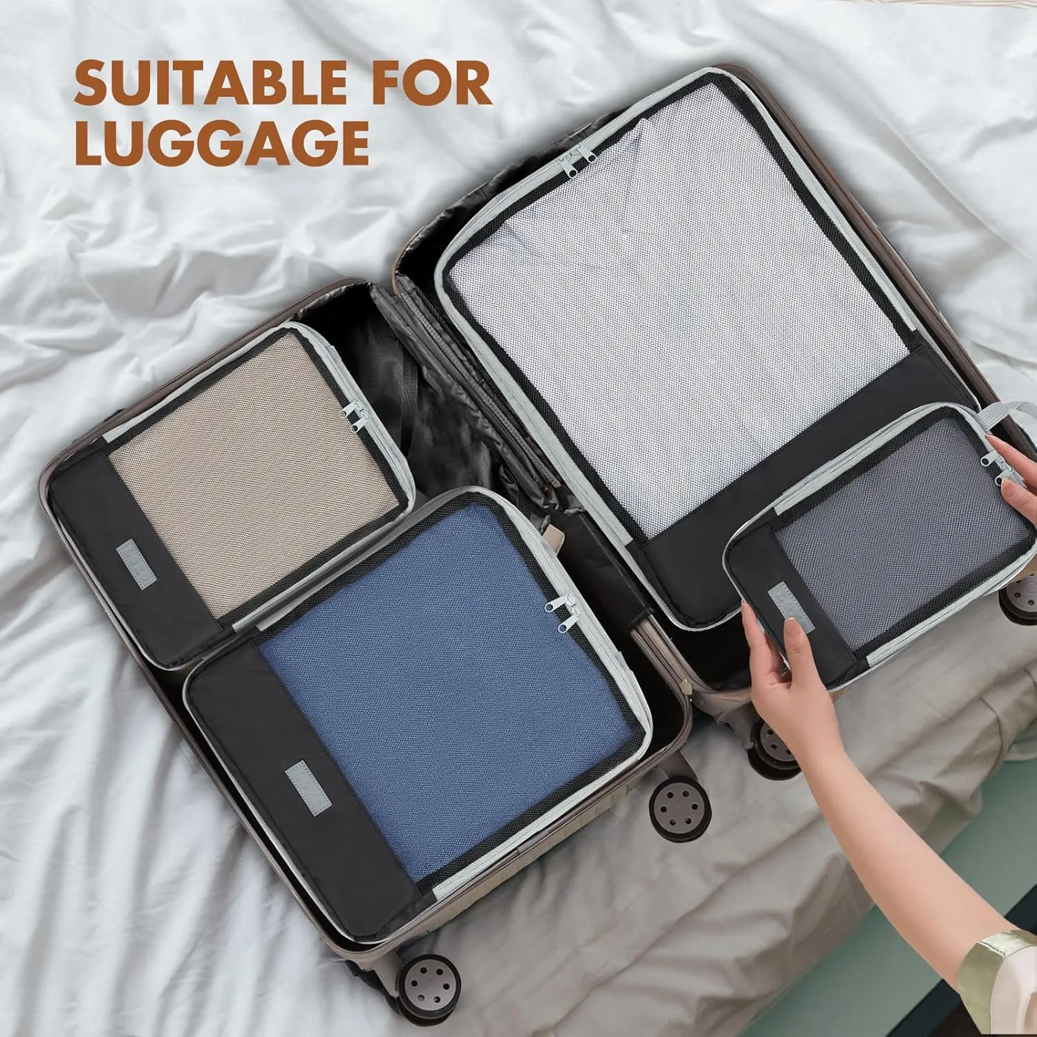 6 Set Compression Packing Cubes for Travel, Lightweight Expandable Organizer with Laundry and Shoe Bag, Luggage Suitcase Accessories, Travel Essentials for Cruise Trips Black