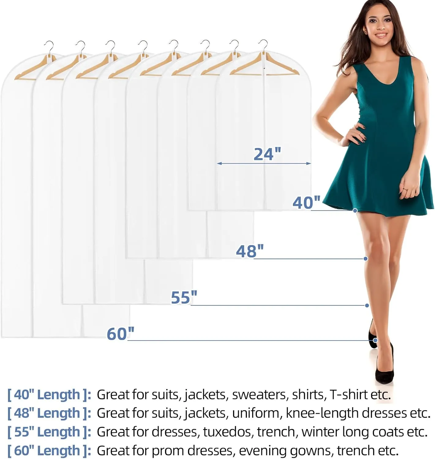 60" Dress Bags for Gowns, 12 Packs All Clear Garment Bags for Hanging Clothes, Plastic Waterproof Dress Cover with Zipper for Dresses, Coats, Uniforms (Set of 12)