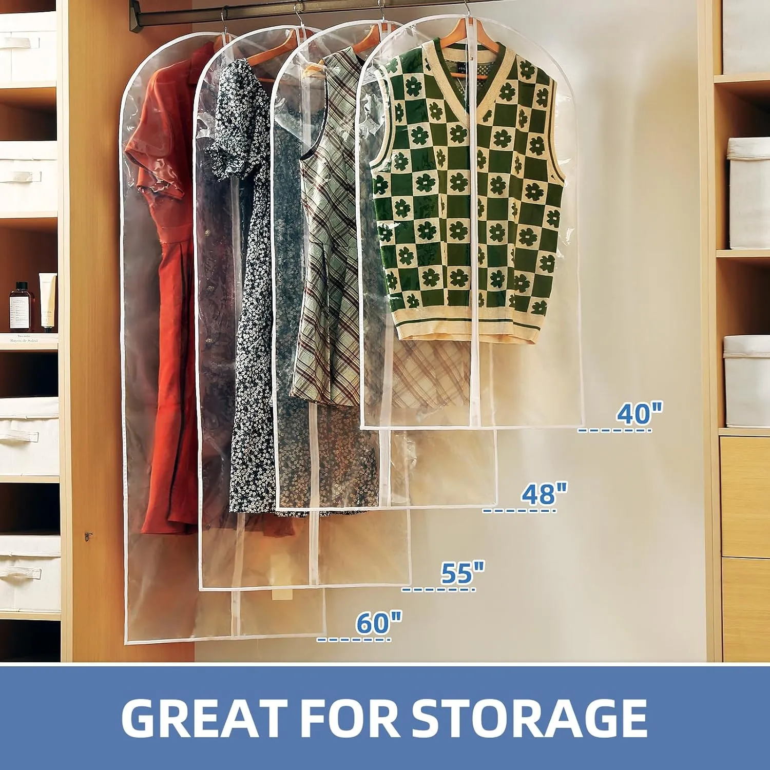 60" Dress Bags for Gowns, 12 Packs All Clear Garment Bags for Hanging Clothes, Plastic Waterproof Dress Cover with Zipper for Dresses, Coats, Uniforms (Set of 12)