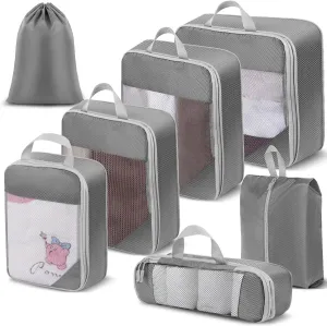 7 Set Compression Packing Cubes for Travel - Compressible, Lightweight, and Space-Saving Packing Cubes, with Double Zipper, Travel Organizer Bags, Grey