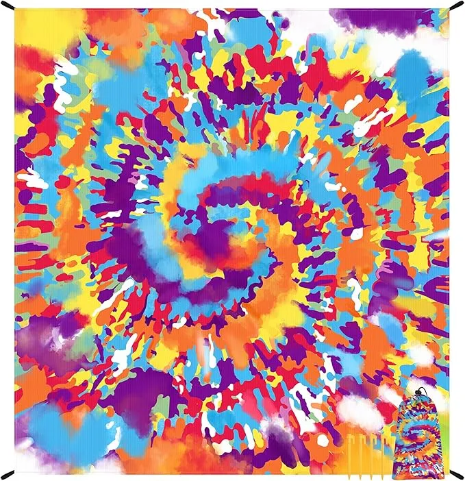 78”x 86” Large Tie Dye Beach Blanket Sandproof, Waterproof Sand Free Beach Picnic Mat w/ Stakes, Lightweight Portable Compact Must Have Outdoor Camping Blanket for Summer Vacation - Rainbow Circles