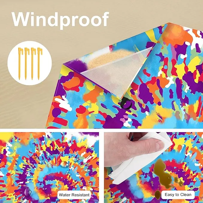 78”x 86” Large Tie Dye Beach Blanket Sandproof, Waterproof Sand Free Beach Picnic Mat w/ Stakes, Lightweight Portable Compact Must Have Outdoor Camping Blanket for Summer Vacation - Rainbow Circles