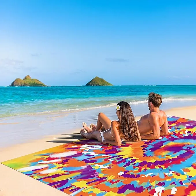 78”x 86” Large Tie Dye Beach Blanket Sandproof, Waterproof Sand Free Beach Picnic Mat w/ Stakes, Lightweight Portable Compact Must Have Outdoor Camping Blanket for Summer Vacation - Rainbow Circles