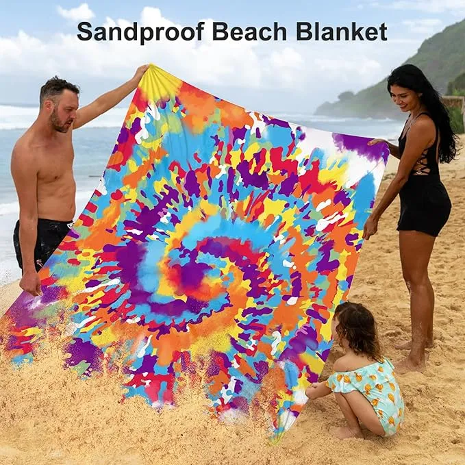 78”x 86” Large Tie Dye Beach Blanket Sandproof, Waterproof Sand Free Beach Picnic Mat w/ Stakes, Lightweight Portable Compact Must Have Outdoor Camping Blanket for Summer Vacation - Rainbow Circles