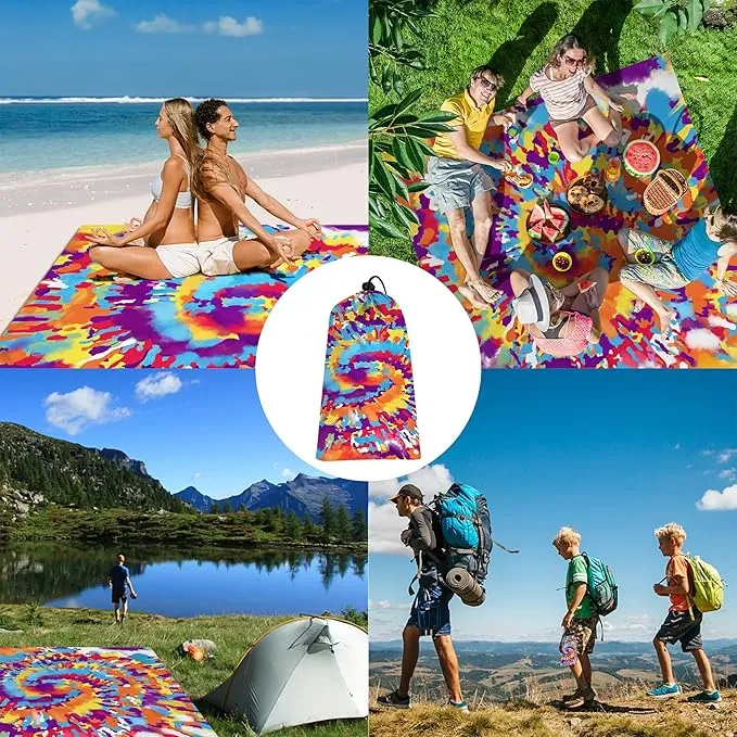 78”x 86” Large Tie Dye Beach Blanket Sandproof, Waterproof Sand Free Beach Picnic Mat w/ Stakes, Lightweight Portable Compact Must Have Outdoor Camping Blanket for Summer Vacation - Rainbow Circles