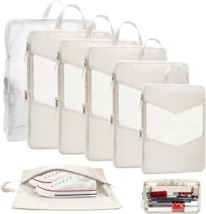 8 Set Compression Packing Cubes for Travel, Accessories for Suitcase Organizer Bags Set, Lightweight Travel Essentials (8-Pack (1XS 1S 1M 2L 1XL 1Shoe Bag 1Laundry bag) Beige