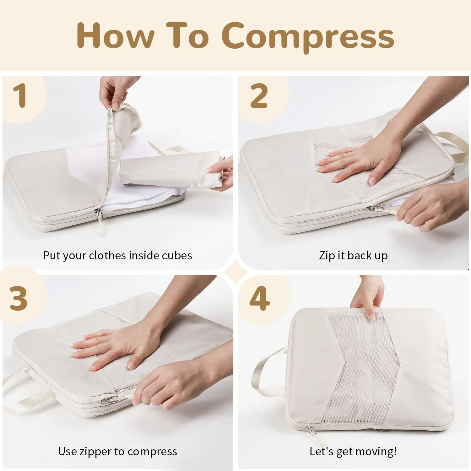 8 Set Compression Packing Cubes for Travel, Accessories for Suitcase Organizer Bags Set, Lightweight Travel Essentials (8-Pack (1XS 1S 1M 2L 1XL 1Shoe Bag 1Laundry bag) Beige