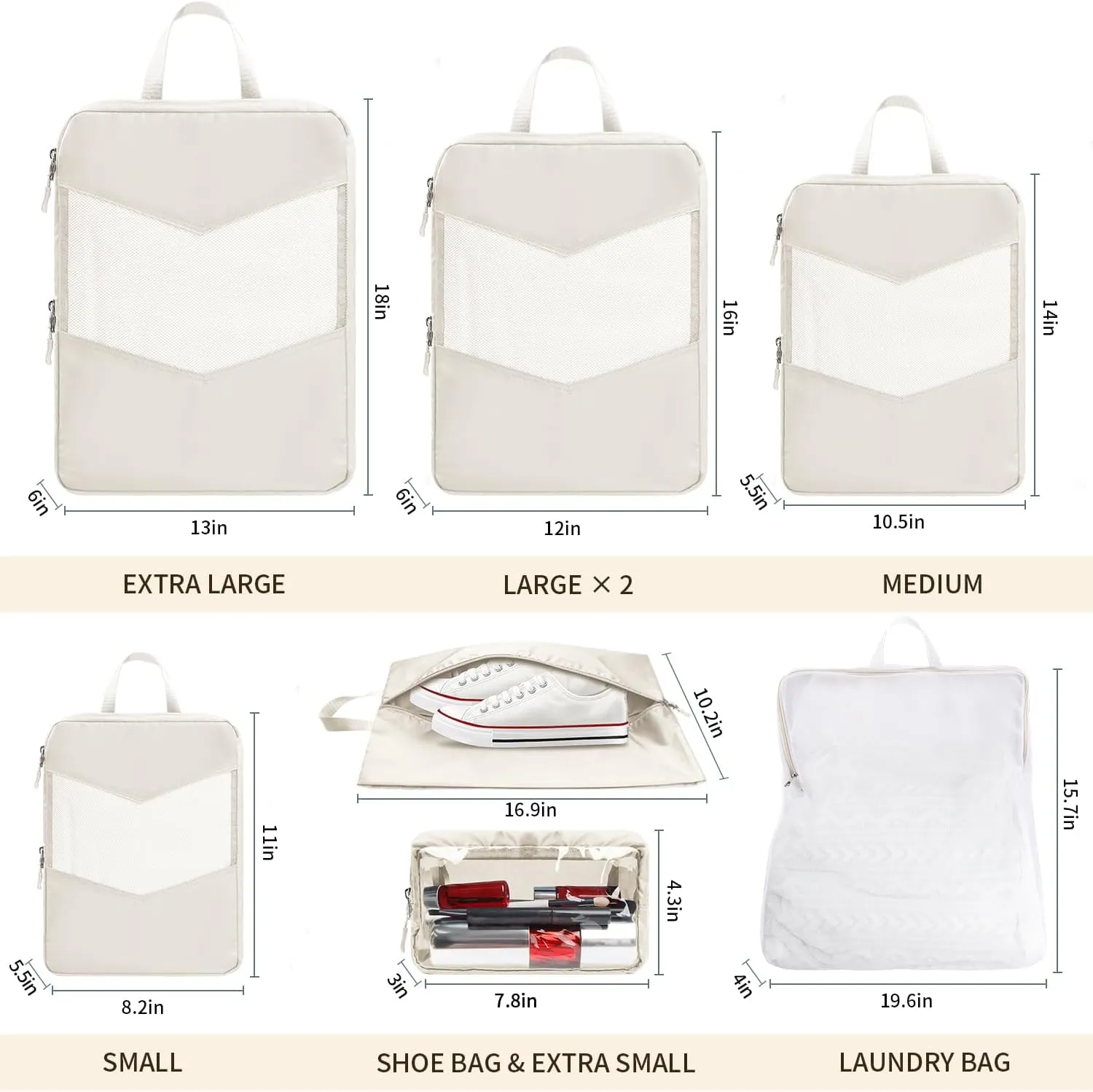 8 Set Compression Packing Cubes for Travel, Accessories for Suitcase Organizer Bags Set, Lightweight Travel Essentials (8-Pack (1XS 1S 1M 2L 1XL 1Shoe Bag 1Laundry bag) Beige