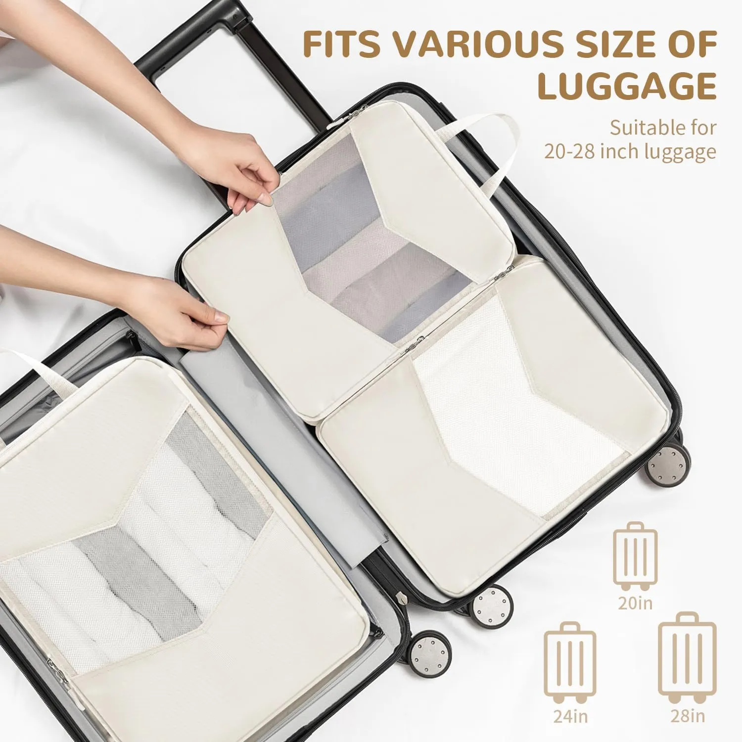8 Set Compression Packing Cubes for Travel, Accessories for Suitcase Organizer Bags Set, Lightweight Travel Essentials (8-Pack (1XS 1S 1M 2L 1XL 1Shoe Bag 1Laundry bag) Beige