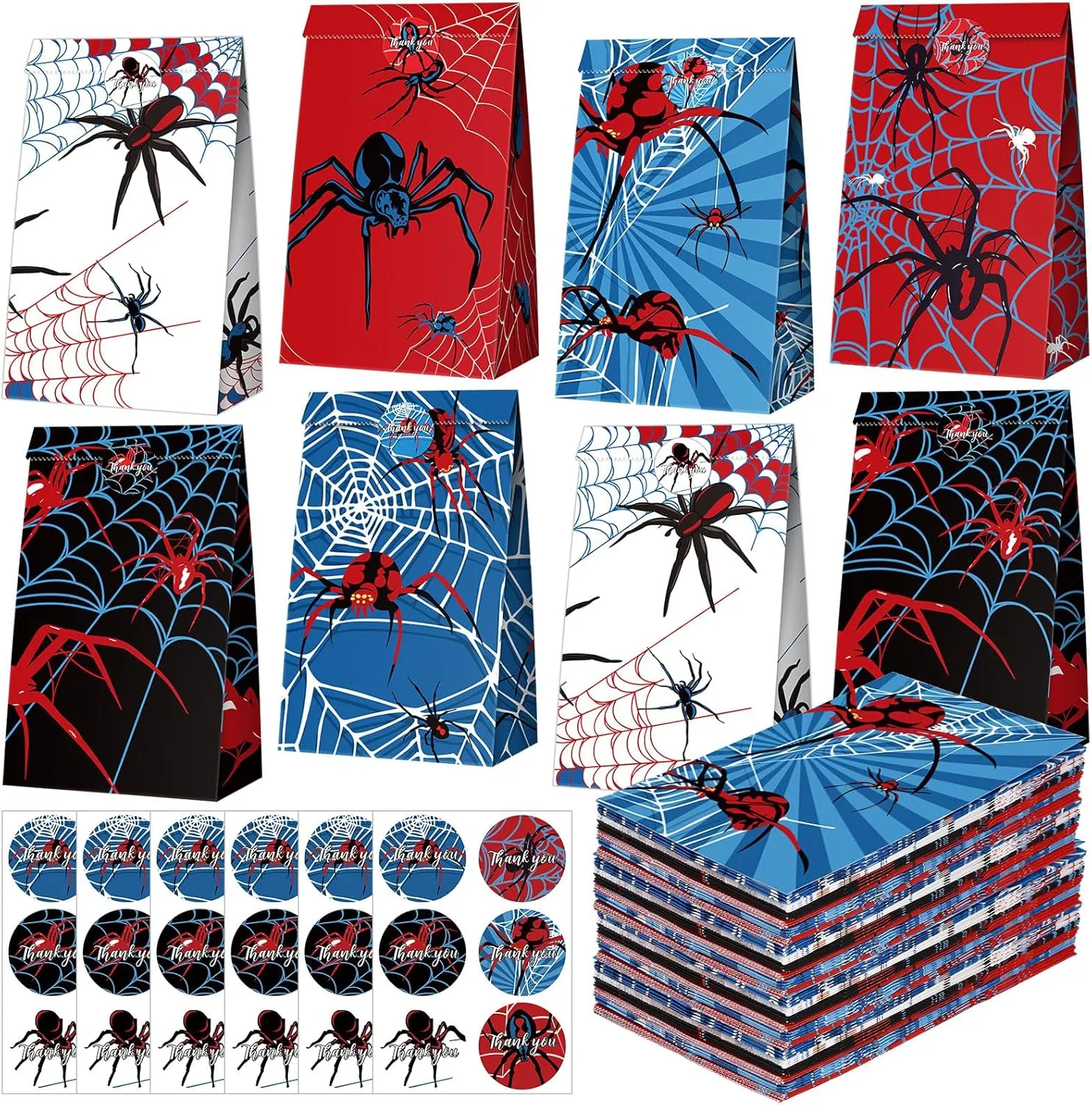 Abbylike 36 Pcs Spider Party Bags with Stickers Spider Paper Supplies Favors Cookie Chocolate Candy Snack Bags for Birthday Party Decoration Supplies, 9.45 x 5.12 x 3.15 Inches
