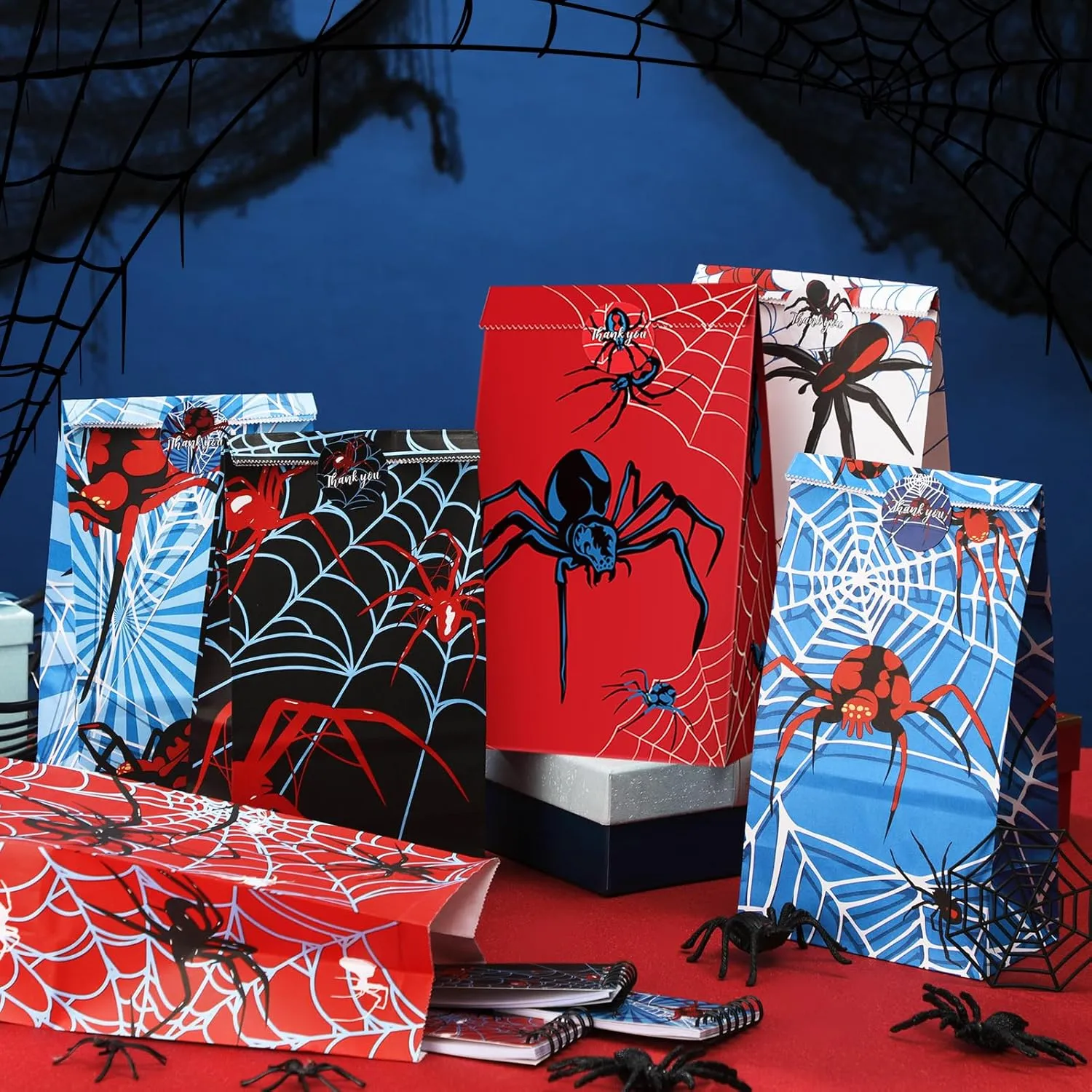 Abbylike 36 Pcs Spider Party Bags with Stickers Spider Paper Supplies Favors Cookie Chocolate Candy Snack Bags for Birthday Party Decoration Supplies, 9.45 x 5.12 x 3.15 Inches