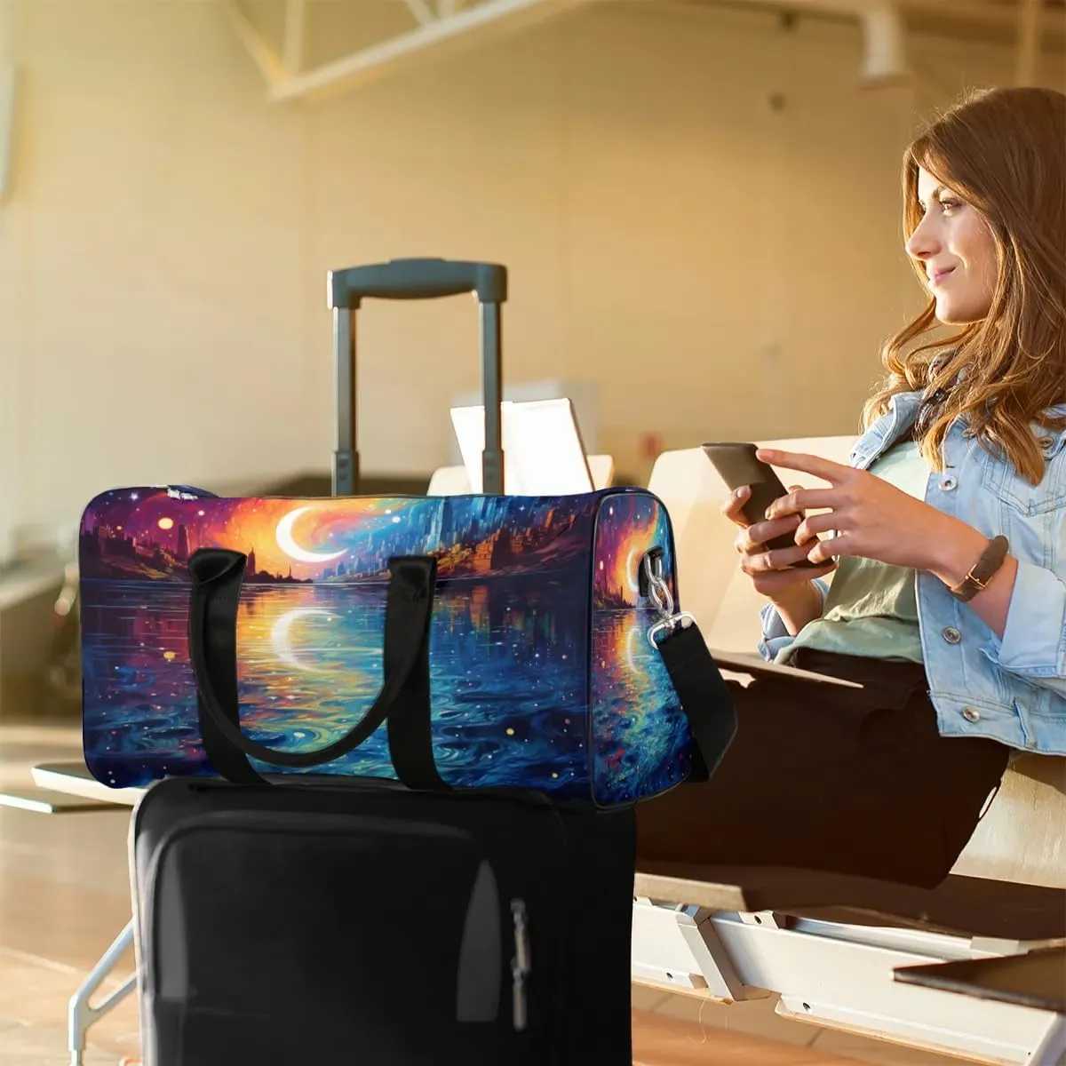 Abstract Moon City Foldable Lightweight Duffle Bag for Travel - Waterproof Carry On Bags for Airplanes, Travel Duffel Bags for Gym, Weekend