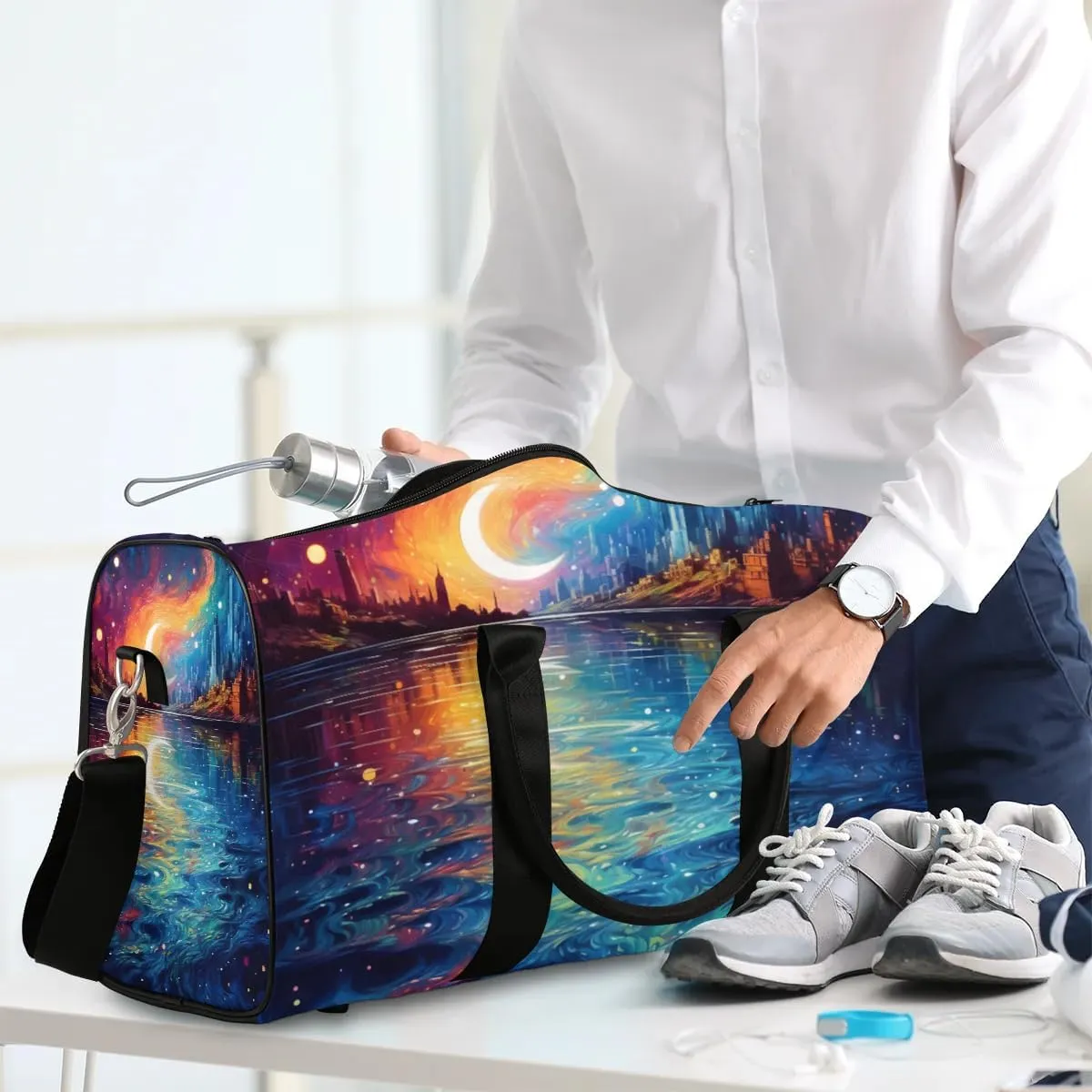 Abstract Moon City Foldable Lightweight Duffle Bag for Travel - Waterproof Carry On Bags for Airplanes, Travel Duffel Bags for Gym, Weekend