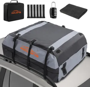 ACLONG Car Roof Bag 21 Cubic Feet 840D Waterproof Rooftop Cargo Carrier Bag for All Cars with/Without Racks Includes Anti-Slip Mat Storage Bag Combination Lock 6 Door Hooks, F-CPAMZ00440-AC