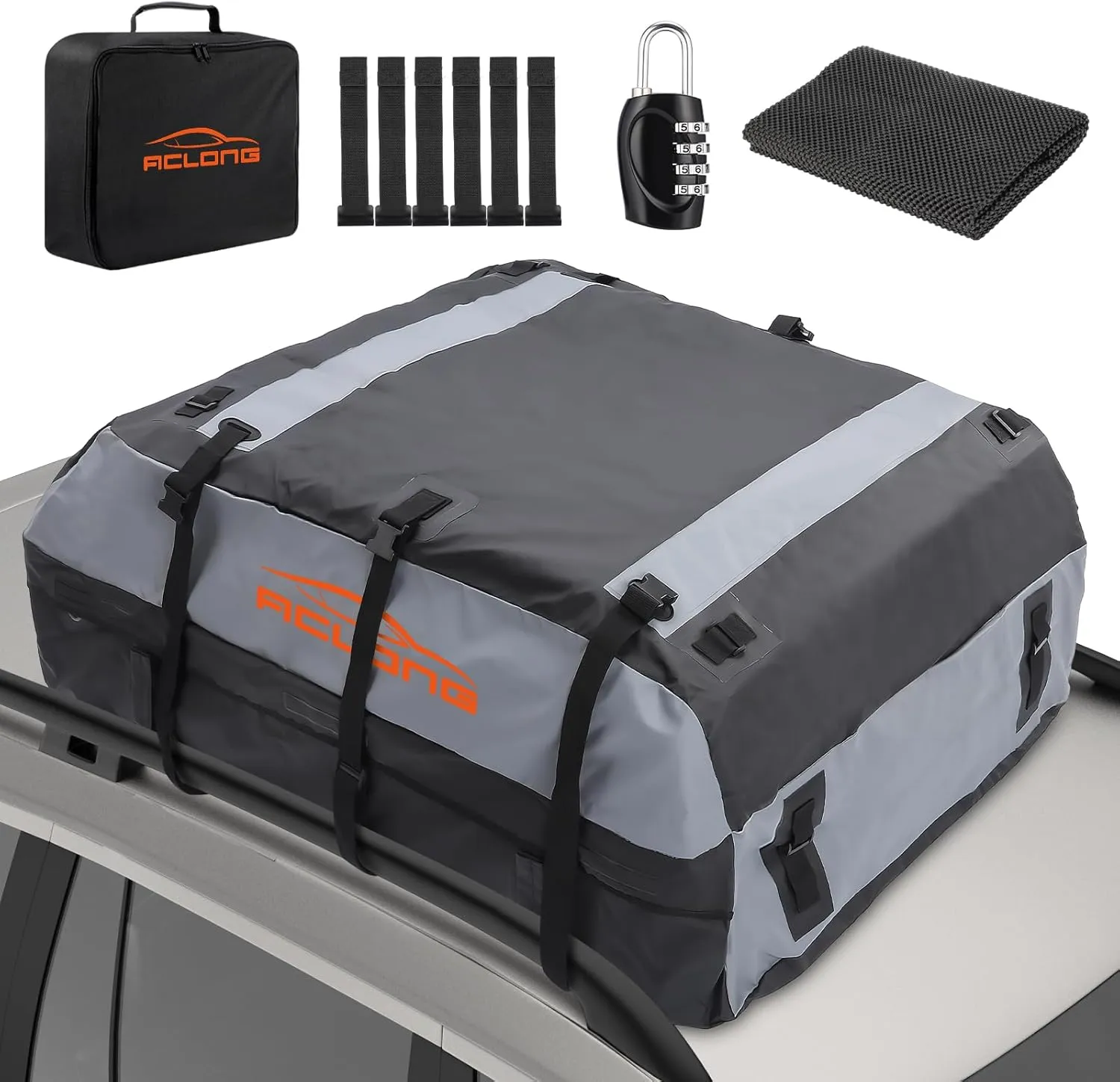 ACLONG Car Roof Bag 21 Cubic Feet 840D Waterproof Rooftop Cargo Carrier Bag for All Cars with/Without Racks Includes Anti-Slip Mat Storage Bag Combination Lock 6 Door Hooks, F-CPAMZ00440-AC