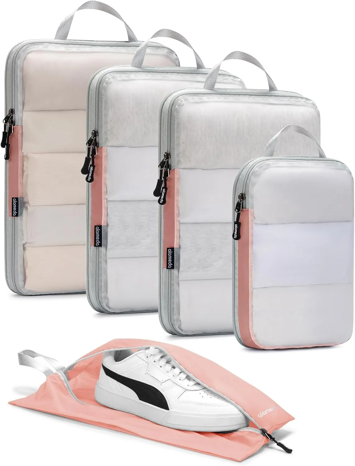 Alameda Compression Packing Cubes for Travel with See Through Mesh - 5 Set Packing Cubes for Carry on Suitcase, Lightweight Luggage Organizer Bags for Travel Essentials with Shoe Bag, Rose Quartz