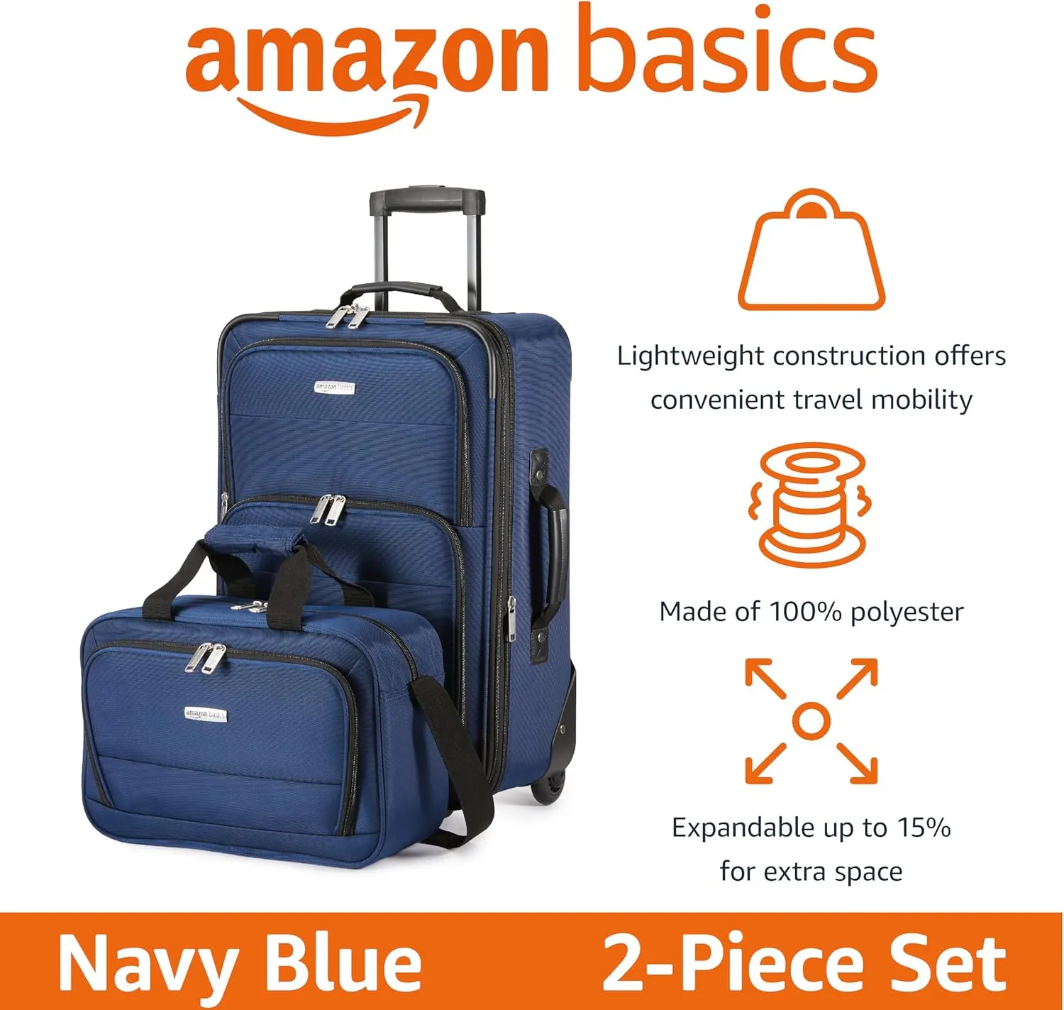 Amazon Basics Luggage Sets, Carry-On 23-Inch, tote 15-Inch, Suitcase With Wheels, Expandable Extra Space ( 15%), Front Pockets and Telescopic Handle, Navy Blue