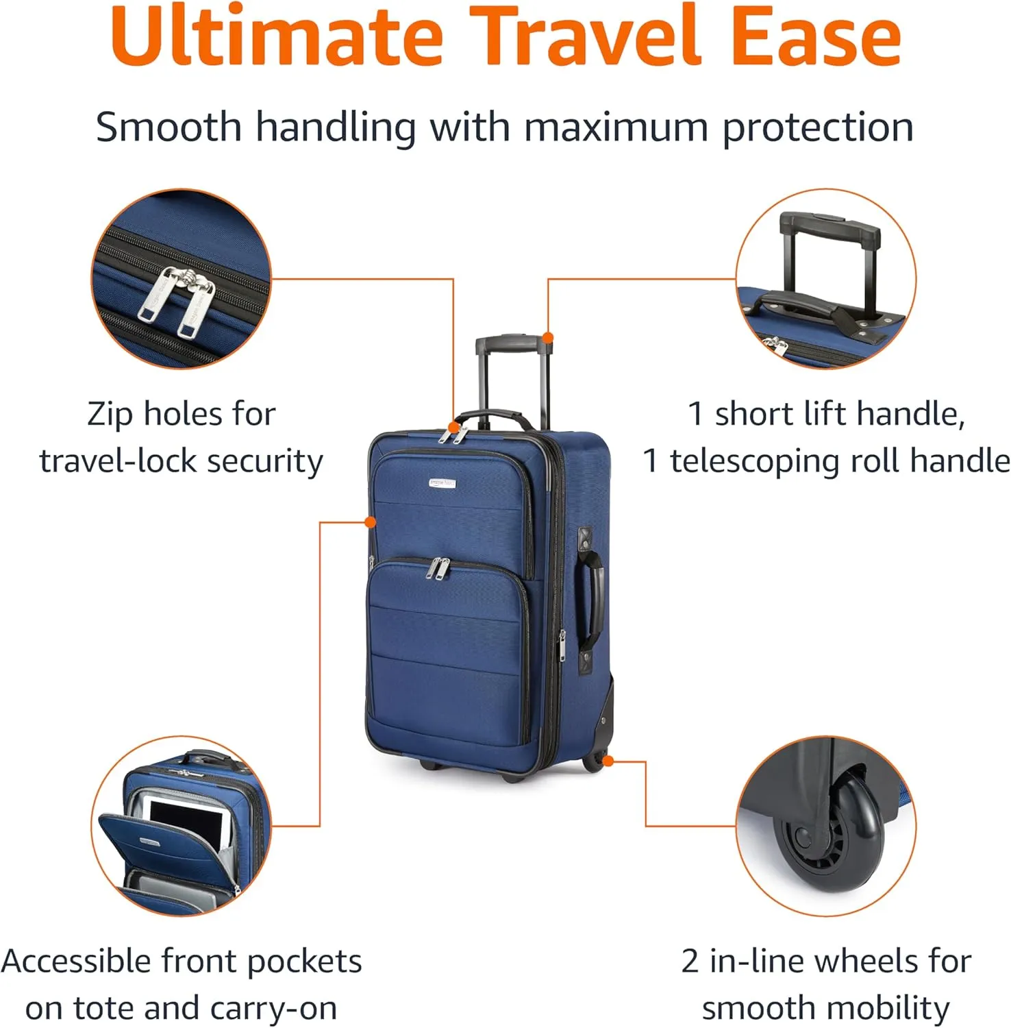 Amazon Basics Luggage Sets, Carry-On 23-Inch, tote 15-Inch, Suitcase With Wheels, Expandable Extra Space ( 15%), Front Pockets and Telescopic Handle, Navy Blue