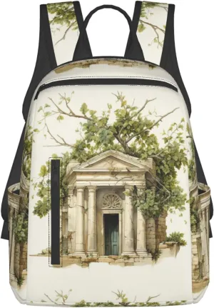 Antique Building with Roman Olive Branch and Greek Lightweight Backpack DAY BACKPACK with Front Zipper Pockets & Side Patch Bags. Unisex BACKPACKS
